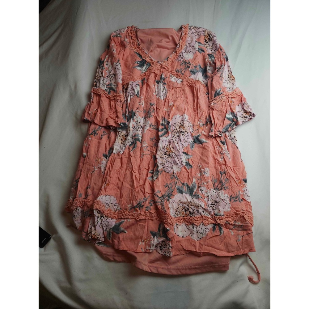 Easel Peach Coral Floral Boho Tunic Dress Crochet Lace Trim Ruffle Sleeve Medium